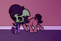 Size: 1500x1000 | Tagged: safe, artist:scandianon, twilight sparkle, oc, oc:filly anon, earth pony, pony, g4, butt flap, clothes, female, filly, floppy ears, foal, footed sleeper, footie pajamas, indoors, mouth hold, night, onesie, pajamas, plushie, tired, twilight sparkle plushie