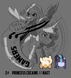 Size: 688x748 | Tagged: safe, artist:poxy_boxy, oc, oc:indigo night, oc:princess coke, alicorn, pegasus, pony, zebra, zebra alicorn, bag, dialogue, duffle bag, duo, female, gray background, grayscale, hoof hold, mare, monochrome, partial color, simple background, speech bubble, wip