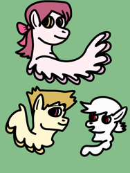 Size: 600x800 | Tagged: safe, artist:dexterousdecarius, oc, oc only, oc:angel cloud, oc:buck wings, oc:summersong, pegasus, pony, albino, apple bloom's bow, bow, brother and sister, brothers, colored wings, description at source, female, green background, hair bow, male, offspring, parent:bulk biceps, parent:fluttershy, parents:flutterbulk, pegasus oc, siblings, simple background, two toned wings, wings