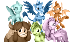 Size: 1920x1080 | Tagged: safe, artist:pika-robo, gallus, ocellus, sandbar, silverstream, smolder, yona, changedling, changeling, classical hippogriff, dragon, griffon, hippogriff, yak, tumblr:studentsix, g4, 3d, crossed arms, dragoness, female, flying, group, group photo, looking at you, male, neckerchief, open mouth, open smile, pencil, simple background, smiling, source filmmaker, spread wings, stair keychain, sticky note, student six, style emulation, waving, waving at you, white background, wings