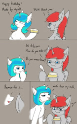 Size: 1500x2401 | Tagged: safe, artist:tx547, oc, oc only, oc:ericken, oc:time slowly, alicorn, pony, unicorn, cake, cheek fluff, chest fluff, comic, dexterous hooves, duo, ear, eating, eyes closed, female, food, glasses, implied breast milk, male, mare, shoulder fluff, spoon, stallion, strawberry, whispering