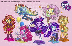 Size: 1920x1242 | Tagged: safe, artist:emily cantelupe, applejack, fluttershy, pinkie pie, rainbow dash, rarity, sunset shimmer, twilight sparkle, butterfly, human, equestria girls, g4, official, applejack's hat, balloon, big eyes, book, boots, bubblegum, chibi, clothes, concept art, converse, cowboy boots, cowboy hat, cute, dashabetes, diapinkes, doll, equestria girls minis, female, flying, food, gum, hat, humane five, humane seven, humane six, jackabetes, jacket, ponied up, raribetes, shimmerbetes, shirt, shoes, shyabetes, sitting, skirt, stool, toy, twiabetes, what could have been