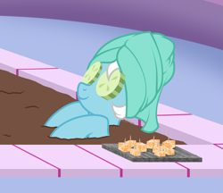 Size: 2409x2079 | Tagged: safe, artist:feather_bloom, oc, oc:feather bloom(fb), oc:feather_bloom, pegasus, pony, g4, cucumber, detailed background, food, high res, mud, mud bath, relaxed, relaxing, snack, solo, spa, towel, towel on head