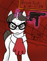 Size: 1700x2200 | Tagged: artist needed, source needed, safe, raven, pony, unicorn, g4, angry, breakfast, falling down, falling down (film), fast food, female, food, glasses, gun, levitation, magic, movie reference, restaurant, tec-9, telekinesis, weapon