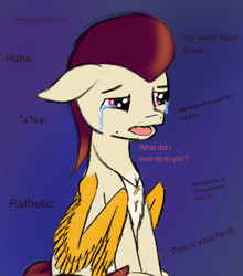 Size: 1748x1989 | Tagged: safe, anonymous artist, derpibooru exclusive, rocky riff, pegasus, pony, g5, bully, bullying, crying, dialogue, ears back, gradient background, jewelry, male, necklace, open mouth, sad, sitting, sketchy, solo, spread wings, stallion, text, vent art, wings