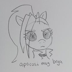 Size: 1362x1362 | Tagged: safe, artist:pony quarantine, oc, oc only, oc:dyx, alicorn, pony, bust, eye clipping through hair, female, filly, foal, grayscale, looking at you, monochrome, pen drawing, solo, spanish, traditional art