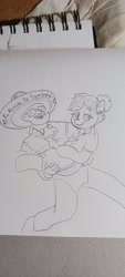 Size: 922x2048 | Tagged: safe, artist:pony quarantine, oc, oc only, earth pony, human, pony, bridal carry, carrying, duo, female, grayscale, human male, male, mare, monochrome, pen drawing, sombrero, traditional art