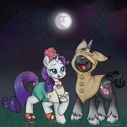Size: 3000x3000 | Tagged: safe, artist:leopardsnaps, rarity, oc, oc:crystal nightshine, mimikyu, pony, g4, canon x oc, clothes, cosplay, costume, duo, female, high res, implied nightmare moon, implied shipping, male, moon, night, outdoors, pokémon, pokémon sun and moon, pokémon trainer, rarinat, straight, trans male, transgender, transgender oc