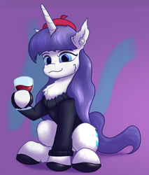 Size: 1830x2143 | Tagged: safe, artist:gosha305, rarity, pony, unicorn, g4, abstract background, alcohol, beatnik rarity, beret, cheek fluff, chest fluff, clothes, cute, ear fluff, female, french rarity, glass, hat, hoof hold, horn, looking at you, mare, purple background, raribetes, red wine, simple background, sitting, smiling, smiling at you, solo, sweater, wine, wine glass