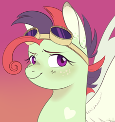 Size: 2248x2380 | Tagged: safe, artist:nikosh, oc, oc only, oc:post haste, pegasus, pony, blushing, bust, coat markings, colored wings, commissioner:dhs, ear markings, eyelashes, freckles, goggles, gradient background, green coat, heart, heart mark, high res, looking at you, portrait, purple eyes, solo, two toned mane, wings