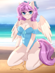 Size: 456x601 | Tagged: artist needed, safe, oc, oc:chai leche, pegasus, anthro, beach, blue eyes, breasts, cleavage, cleavage marking, clothes, coat markings, colored wings, complex background, drawing, female, frilled swimsuit, kneeling, looking at you, mare, messy mane, pink mane, sand, smiling, swimsuit, two toned mane, two toned wings, wings