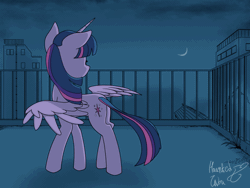 Size: 1200x900 | Tagged: safe, artist:hauntedtuba, twilight sparkle, alicorn, pony, g4, animated, backwards cutie mark, butt, concave belly, crescent moon, female, gif, horn, long horn, mare, moon, night, outdoors, plot, rooftop, signature, slender, solo, spread wings, sweet dreams fuel, tail, thin, twilight sparkle (alicorn), windswept mane, windswept tail, wings