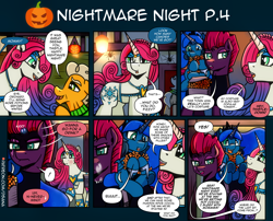 Size: 3508x2834 | Tagged: safe, artist:dsana, fizzlepop berrytwist, princess amore, princess luna, tempest shadow, oc, oc:lullaby dusk, oc:orchard, oc:thistledown, earth pony, pegasus, pony, unicorn, comic:a storm's lullaby, g4, bag, blushing, candy, clothes, costume, dialogue, family, female, filly, foal, food, halloween, heterochromia, high res, holiday, mare, nightmare night, nightmare night costume, offscreen character, ponies riding ponies, riding, saddle bag, speech bubble