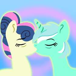 Size: 800x800 | Tagged: safe, artist:lindasaurie, derpibooru exclusive, bon bon, lyra heartstrings, sweetie drops, earth pony, pony, unicorn, g4, duo, duo female, eyebrows, eyebrows visible through hair, female, glowing, hair bun, kiss on the lips, kissing, lesbian, lineless, mare, older, older bon bon, older lyra heartstrings, quick draw, ship:lyrabon, shipping, story included, yellow outline