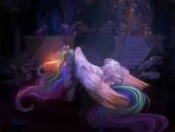Size: 4000x3000 | Tagged: safe, artist:sweettsa1t, princess celestia, alicorn, pony, g4, castle of the royal pony sisters, crepuscular rays, crying, digital art, ethereal mane, ethereal tail, eyes closed, feather, female, folded wings, glowing, glowing horn, high res, horn, magic, mare, moonlight, open mouth, rock, ruins, sad, sitting, solo, stairs, starry mane, starry tail, tail, teeth, throne, throne room, unshorn fetlocks, wings