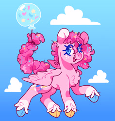 Size: 3500x3685 | Tagged: safe, artist:cocopudu, pinkie pie, pegasus, pony, g4, balloon, chest fluff, cloven hooves, female, freckles, high res, hooves, looking at you, mare, multicolored hooves, open mouth, open smile, pegasus pinkie pie, race swap, sky background, smiling, smiling at you, solo