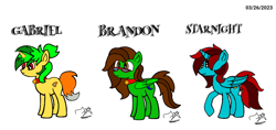 Size: 1520x720 | Tagged: safe, artist:dawkinsdalmatian, oc, oc only, oc:brandon, oc:gabriel, oc:starnight, alicorn, pegasus, pony, unicorn, alicorn oc, bell, bell collar, collar, glasses, horn, jewelry, male, pegasus oc, regalia, signature, simple background, stallion, unicorn oc, white background, wings