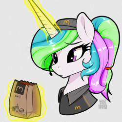 Size: 1280x1280 | Tagged: safe, artist:theuser, derpibooru exclusive, princess celestia, alicorn, pony, g4, alternate hairstyle, bag, bust, clothes, female, frown, levitation, magic, mare, mcdonald's, paper bag, ponytail, shirt, simple background, solo, telekinesis, uniform, white background, work, working