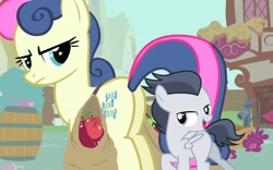 Size: 2560x1600 | Tagged: safe, artist:frownfactory, edit, edited screencap, screencap, bon bon, rumble, sweetie drops, earth pony, pegasus, pony, g4, bedroom eyes, bon bon is not amused, bon butt, butt, caption this, colt, duo, female, foal, looking at butt, male, mare, plot, rumbon, shipping, straight, straight shota, unamused, vector