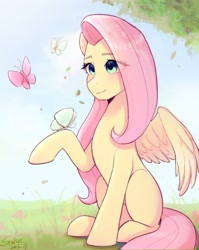 Size: 1726x2168 | Tagged: safe, artist:xiaowu07, fluttershy, butterfly, pegasus, pony, g4, cute, female, mare, shyabetes, sitting, smiling, solo