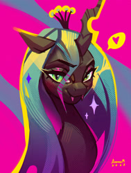 Size: 2221x2936 | Tagged: safe, artist:annna markarova, queen chrysalis, changeling, changeling queen, g4, bust, cute, cutealis, eyebrows, eyebrows visible through hair, fangs, featured image, female, hair over one eye, heart, high res, lidded eyes, looking at you, portrait, signature, smiling, smiling at you, solo, sparkles