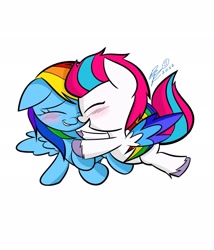 Size: 1755x2048 | Tagged: safe, artist:25ultragamer, rainbow dash, zipp storm, pegasus, pony, g4, g5, adorazipp, cross-generational shipping, cute, dashabetes, female, lesbian, ship:zippdash, shipping, simple background, white background, zipp and her heroine