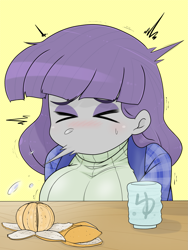 Size: 1503x2000 | Tagged: safe, artist:batipin, maud pie, equestria girls, g4, ><, breasts, busty maud pie, clothes, eyes closed, female, food, no mouth, orange, sick, simple background, sneezing, solo, sweater, yellow background