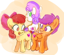 Size: 2386x2055 | Tagged: safe, artist:aemuhn, apple bloom, scootaloo, sweetie belle, earth pony, pegasus, pony, unicorn, crusaders of the lost mark, g4, apple bloom's bow, atg 2019, bow, butt to butt, butt touch, cutie mark crusaders, female, filly, foal, hair bow, high res, newbie artist training grounds, no pupils, open mouth, open smile, smiling, the cmc's cutie marks, trio, trio female