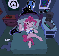 Size: 6968x6656 | Tagged: safe, artist:djsleepyhooves, nightmare moon, alicorn, earth pony, pony, g4, alarm clock, amplifier, bed, bedroom, cabinet, clock, clothes, colored, detailed background, dresser, duo, duo female, female, movie reference, night, nightmare on elm street, numbers, onomatopoeia, perspective, poster, room, shading, shirt, sleeping, snot bubble, sock, sound effects, speaker, spread legs, spreading, tendrils, zzz