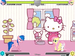 Size: 994x746 | Tagged: safe, angel bunny, firefly, fluttershy, rainbow dash, cat, dog, pegasus, pony, fighting is magic, g4, bipedal, duo, fan game, hello kitty, new, pink, plant, room, stage