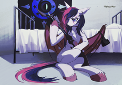 Size: 4140x2895 | Tagged: safe, artist:teturirusu, oc, oc:midnight blaze, bat pony, pegasus, pony, fanfic:iron hearts, bat wings, bed, chaos star, commission, crossover, ear fluff, female, gun, jewelry, looking at something, necklace, sitting, sketch, solo, splinter rifle, two toned hair, warhammer (game), warhammer 40k, weapon, wings