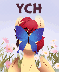 Size: 730x900 | Tagged: safe, artist:28gooddays, oc, oc only, butterfly, pegasus, pony, animated, butterfly on nose, commission, flower, insect on nose, no pupils, partially open wings, solo, wings, ych animation, ych sketch, your character here