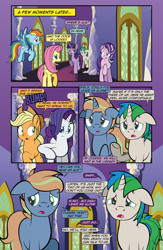 Size: 1920x2948 | Tagged: safe, artist:alexdti, applejack, fluttershy, rainbow dash, rarity, starlight glimmer, twilight sparkle, oc, oc:brainstorm (alexdti), oc:star logic, alicorn, earth pony, pegasus, pony, unicorn, comic:quest for friendship retold, g4, dialogue, speech bubble, twilight sparkle (alicorn), twilight's castle