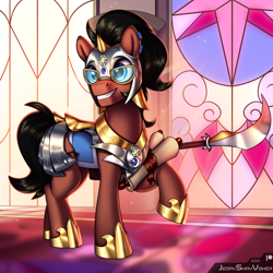 Size: 3000x3000 | Tagged: safe, artist:jedayskayvoker, oc, oc:benjamin terrance tover, earth pony, pony, armor, armor skirt, armored pony, clothes, commission, cute, earth pony oc, glasses, high res, male, raised hoof, royal guard, scroll, shiny, skirt, smiling, solo, spear, stained glass, stallion, weapon