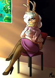 Size: 3508x4961 | Tagged: safe, artist:mekblue, oc, oc only, oc:karolin, deer, reindeer, anthro, antlers, chalk, chalkboard, chest fluff, clothes, crossed legs, glasses, high heels, looking at you, map, nylon, pantyhose, professor, reindeer antlers, school, shirt, shoes, sitting, skirt, solo, teacher