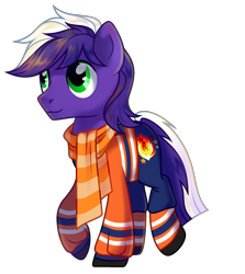 Size: 1707x1915 | Tagged: safe, artist:mondensor day, oc, oc only, oc:proudy hooves, earth pony, pony, 2020, clothes, cute, earth pony oc, green eyes, jersey, looking up, male, scarf, simple background, smiling, solo, stallion, transparent background, uniform