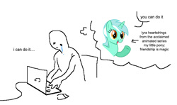 Size: 713x423 | Tagged: safe, artist:doctor-derpy, edit, editor:pink amena, lyra heartstrings, human, pony, unicorn, g4, computer, crying, laptop computer, meme, ponified meme, positive ponies, sad, smiling, thought bubble