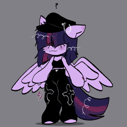 Size: 1111x1111 | Tagged: safe, artist:cutiesparke, twilight sparkle, pegasus, semi-anthro, g4, :3, accessory, alternate hairstyle, arm hooves, bipedal, cheek fluff, clothes, female, gray background, hair over eyes, hat, pants, pegasus twilight sparkle, question mark, race swap, shadow, short shirt, simple background, solo, spread wings, standing, tank top, wings