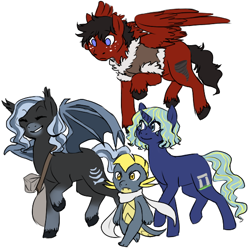 Size: 548x544 | Tagged: safe, artist:mewponies, oc, oc only, oc:agate shine, oc:bowie echo, oc:callus, oc:riptide, bat pony, dragon, pegasus, pony, unicorn, ^^, bat pony oc, blue eyes, closed mouth, clothes, colored hooves, colored wings, dragon oc, ear tufts, eyes closed, facial markings, fangs, female, flying, freckles, frown, golden eyes, gradient legs, grin, group, horn, looking at someone, male, mare, mealy mouth (coat marking), non-pony oc, partially open wings, pegasus oc, ponytail, quartet, satchel, scarf, simple background, smiling, stallion, unicorn oc, unshorn fetlocks, vest, walking, white background, wings, yellow eyes