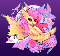 Size: 1500x1405 | Tagged: safe, artist:necromeowncer, fluttershy, bat pony, pegasus, pony, g4, bat ponified, cute, female, flutterbat, looking at you, race swap, shyabates, shyabetes, smiling, smiling at you, solo, spread wings, watermark, wings