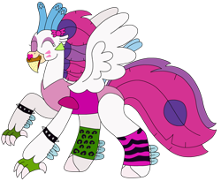 Size: 2800x2293 | Tagged: safe, artist:supahdonarudo, queen novo, classical hippogriff, hippogriff, series:novoember, g4, my little pony: the movie, clothes, cosplay, costume, ear piercing, earring, eyes closed, five nights at freddy's, five nights at freddy's: security breach, food, glam rock, glamrock chica, high res, jewelry, leggings, leopard print, leotard, lipstick, makeup, mouth hold, piercing, pizza, simple background, spiked wristband, transparent background, wristband, zebra print