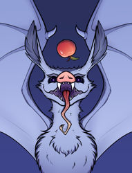Size: 1300x1700 | Tagged: safe, artist:jehr, bat, fruit bat, undead, vampire, vampire fruit bat, bats!, g4, apple, bat wings, black eye, breast fluff, chest fluff, colored, commission, ear fluff, ears up, fangs, food, gradient background, lineart, long ears, long tongue, open mouth, sharp teeth, solo, spread wings, teeth, tongue out, uvula, wings