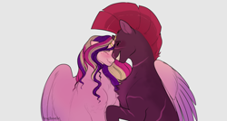 Size: 2300x1233 | Tagged: safe, artist:lesghostie, princess cadance, tempest shadow, alicorn, pony, unicorn, g4, crying, duo, duo female, eyes closed, female, horn, horn ring, jewelry, lesbian, nuzzling, ring, shipping, simple background, smiling, tears of joy, tempestdance, wedding ring, white background