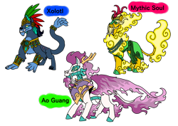 Size: 1414x1000 | Tagged: safe, artist:zetikoopa, oc, oc only, oc:ao guang, oc:mythic soul, oc:xolotl, ahuizotl (species), dragon, hybrid, kirin, longma, ahuizotl oc, antlers, ao guang, asian clothes, aztec, aztec mythology, beard, chest fluff, chestplate, chin fluff, chinese, chinese clothes, chinese culture, chinese mythology, clothes, cloven hooves, colored hooves, cuffs (clothes), cyan eyes, facial hair, fangs, fiery wings, green eyes, immortal, jewelry, king, kirin oc, leonine tail, longma oc, majestic, male, moustache, necklace, pale belly, robe, ruler, rulers of past, simple background, slit pupils, spots, stallion, tail, tail hand, transparent background, trio, tusk, wings, xolotl