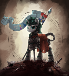 Size: 3654x4014 | Tagged: safe, artist:uteuk, oc, oc only, oc:aquaria lance, pony, unicorn, armor, banner, cape, clothes, flag, horn, power armor, skull, solo, spear, sword, weapon