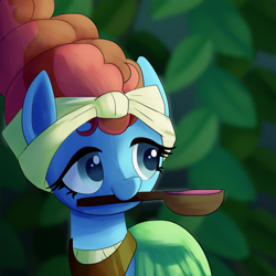 Size: 1200x1200 | Tagged: safe, artist:andromedasparkz, meadowbrook, earth pony, pony, g4, cute, female, mare, meadowcute, mouth hold, solo, spoon