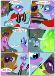 Size: 1596x2196 | Tagged: safe, artist:necrofeline, mane-iac, oc, oc:dingo lass, oc:madame inflator, oc:rubber horseshoe, earth pony, pegasus, pony, comic:the formula, g4, alternate universe, black sclera, clothes, comic, commission, commission comic, commissioner:geonineplus, control panel, costume, duo, duo female, eyeshadow, factory, female, female oc, formula, growth formula, hair tie, hose, imminent expansion, imminent inflation, inflation comic, inflation sequence, lever, makeup, mare, mare oc, mask, pegasus oc, power ponies, punch, sequence, serum, speech bubble, supervillain, tank (container), this will end in expansion, this will end in growth, this will end in inflation, tresemme, word bubble