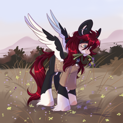 Size: 3000x3000 | Tagged: safe, artist:k0potb, oc, oc only, pegasus, pony, autumn, blushing, bush, choker, clothes, cloud, cute, ear piercing, earring, ears up, eyebrows, female, field, flower, forest, grass, grass field, gray eyes, high res, jewelry, leaves, nature, pegasus oc, piercing, red hair, sky, solo, spread wings, sweater, tree, wings