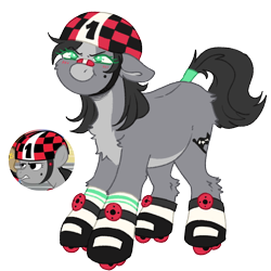 Size: 1000x1000 | Tagged: safe, artist:kazmuun, finish line (g4), earth pony, pony, g4, bandaid, bandaid on nose, beauty mark, blaze (coat marking), butt fluff, chest fluff, clothes, coat markings, colored eyelashes, countershading, ears back, facial markings, female, green eyes, helmet, leg fluff, mare, mealy mouth (coat marking), pale belly, roller skates, simple background, skates, socks, solo, transparent background