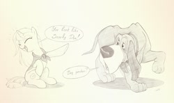 Size: 1740x1027 | Tagged: safe, artist:sherwoodwhisper, oc, oc only, oc:eri, dog, pony, unicorn, cape, clothes, crossover, disney, emanata, eyes closed, female, filly, foal, lady and the tramp, laughing, male, monochrome, pointing, speech bubble, trusty